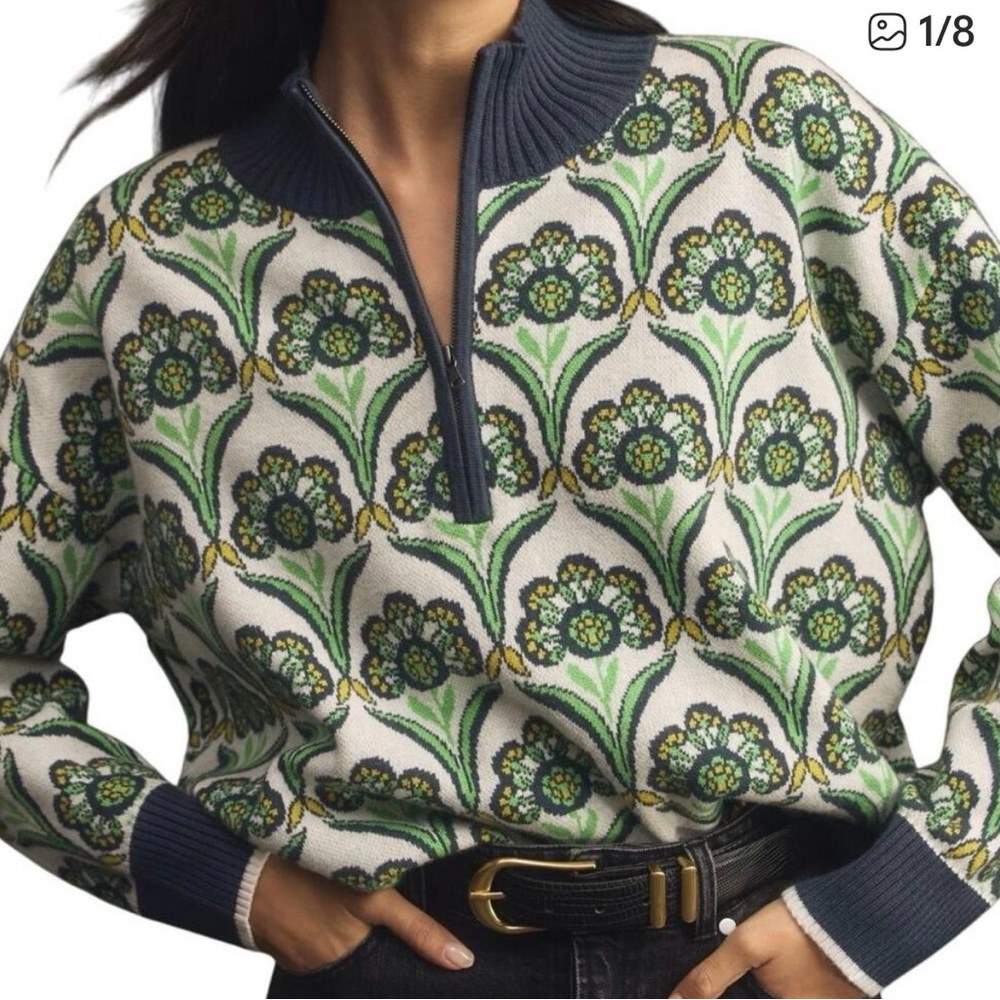 Anthropologie Green Floral Jacquard Half-Zip Turtleneck Sweater